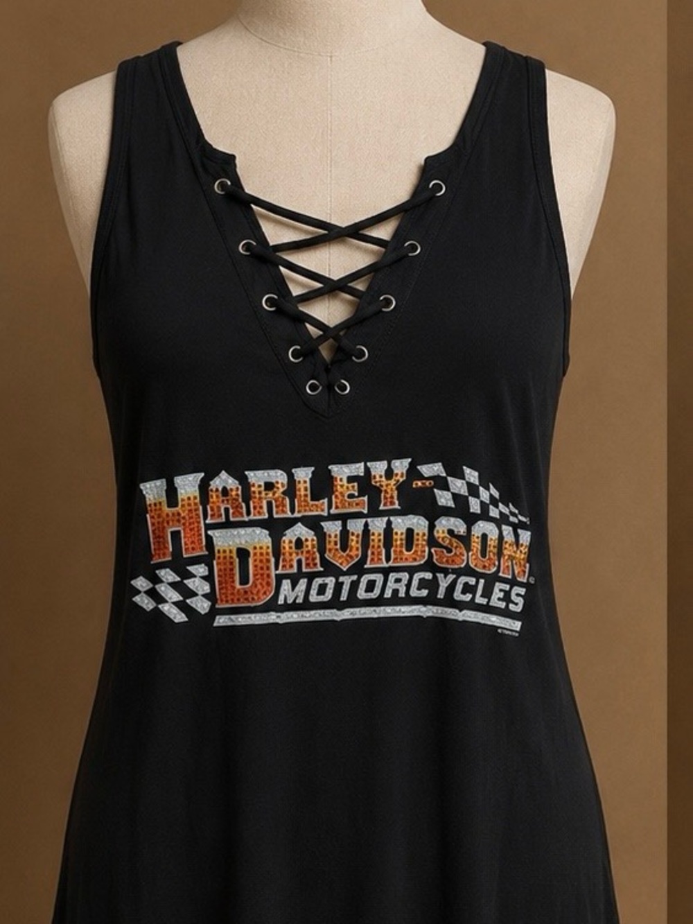 Harley-Davidson Black Lace-Up Tank with Orange and White Logo
